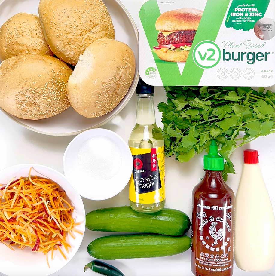 ingredients to make a plant-based banh mi burger laid out