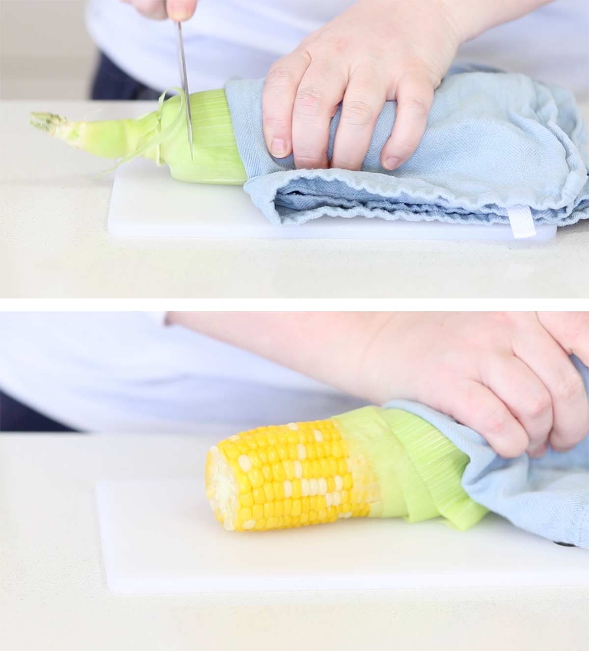 two pictures showing how easily the husk is removed from microwave corn