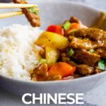 pin image: chopsticks holding a piece of Chinese Beef Curry with text overlaid