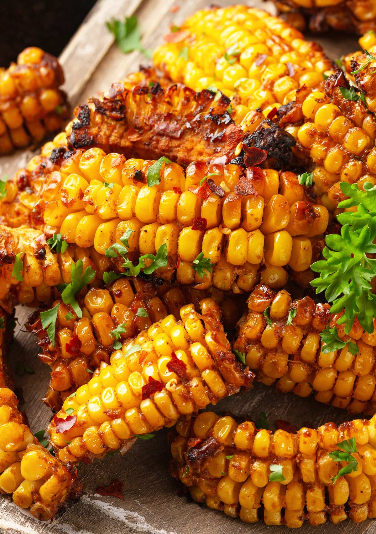 close up on the char on a rib of corn