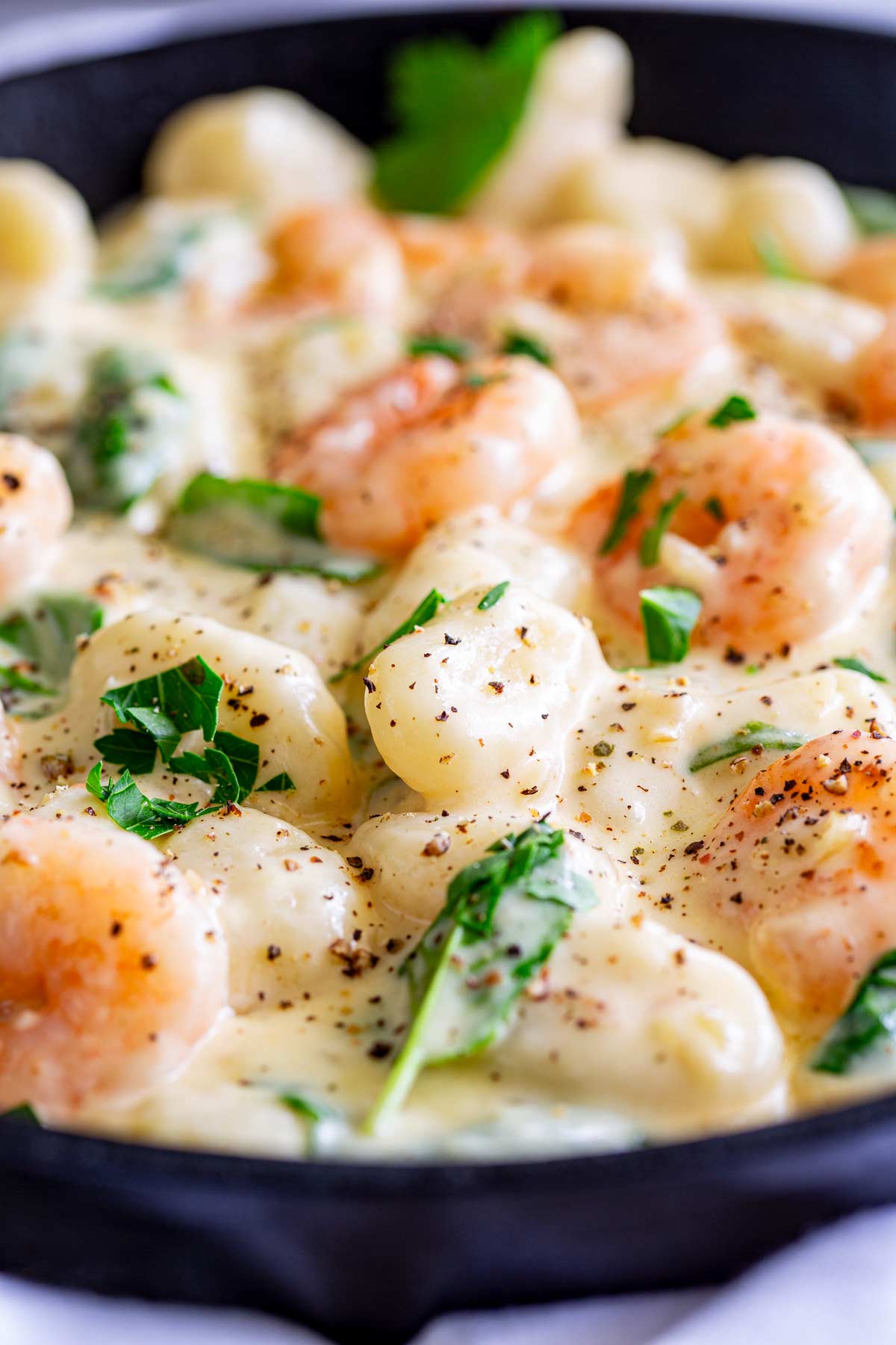 gnocchi and shrimp in a white sauce garnished with parsley