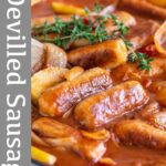 pin Image: Devilled sausages picture with text overlaid