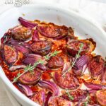 pin image: roasted figs in a white dish with text overlaid