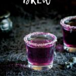 pin image: a purple cocktail in a shot glass, on a halloween inspired table with text overlaid