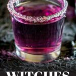 pin image: a purple cocktail in a shot glass, on a halloween inspired table with text overlaid