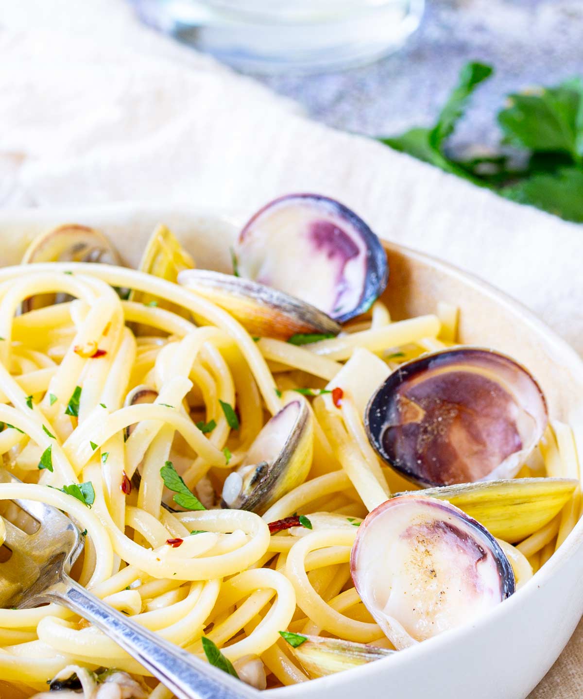 close up on opened clams in a bowl of pasta