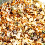 pin image: Close up on garlic pepper seasoning with text overlaid