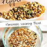 pin image: two pictures of garlic pepper seasoning with text overlaid
