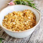 pin image: Pangrattato in a rustic white bowl with text overlaid