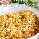 pin image: Pangrattato in a rustic white bowl with text overlaid