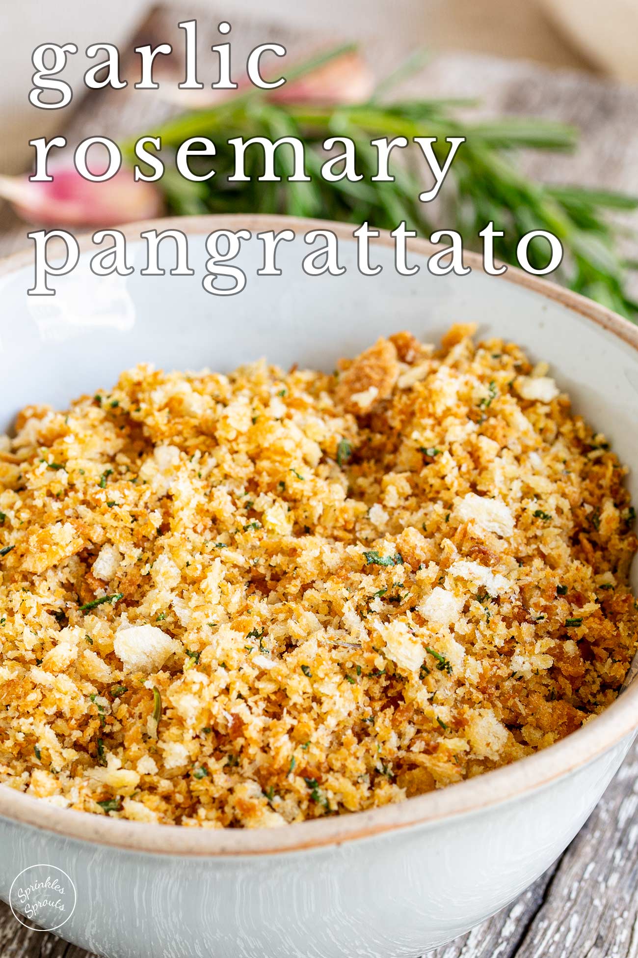 pin image: Pangrattato in a rustic white bowl with text overlaid