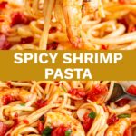 pin image: Spicy Shrimp Pasta in a rustic bowl with text overlaid