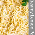 pin image: creamy lemon spaghetti in a pan with text overlaid