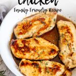 pin image: Balsamic Chicken Breasts in a skillet with text overlaid