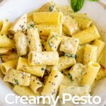 Pin Image: Creamy Chicken Pesto Pasta in a rustic bowl with text overlaid