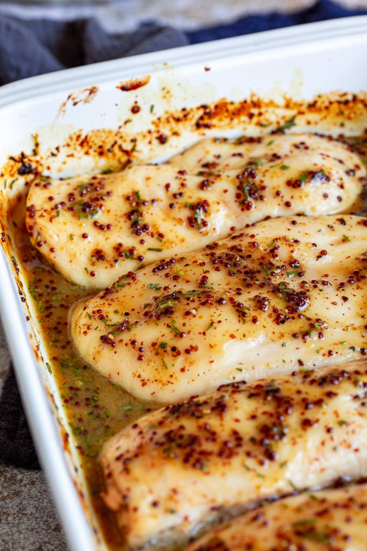 4 chicken breasts in a baking dish with a mustard sauce over them