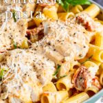 pin image: Marry me chicken pasta in a pan with text overlaid