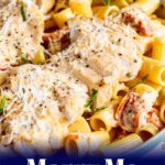 pin image: Marry me chicken pasta in a pan with text overlaid