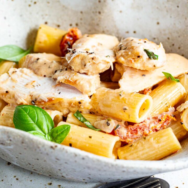 close up on a bowl of pasta with chicken and sun dried tomatoes