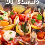 pin image: Zuppa di clams in a grey bowl with text overlaid