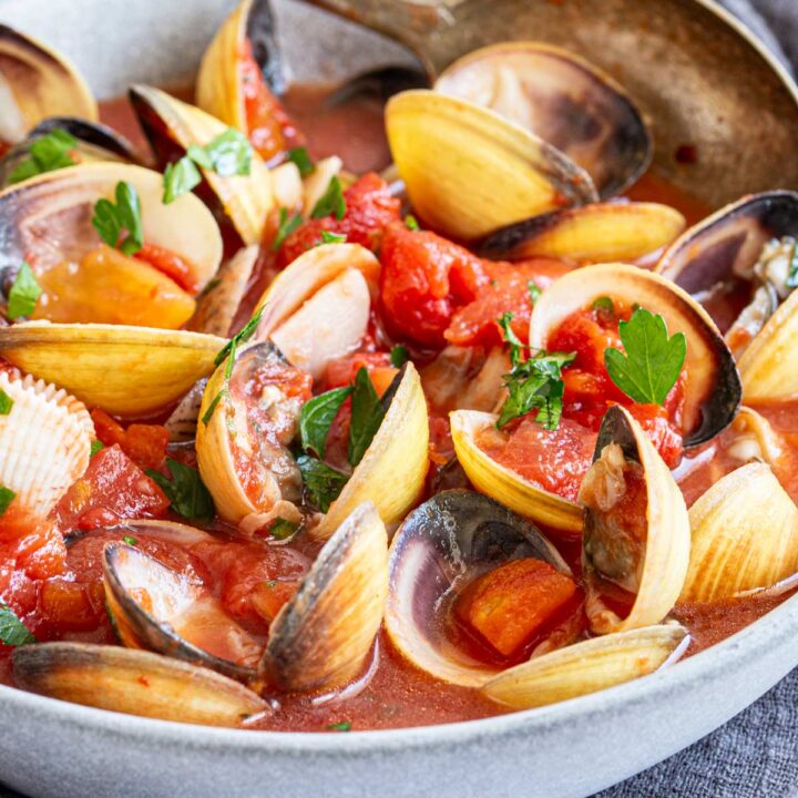 close up on opened cooked clams in a tomato soup