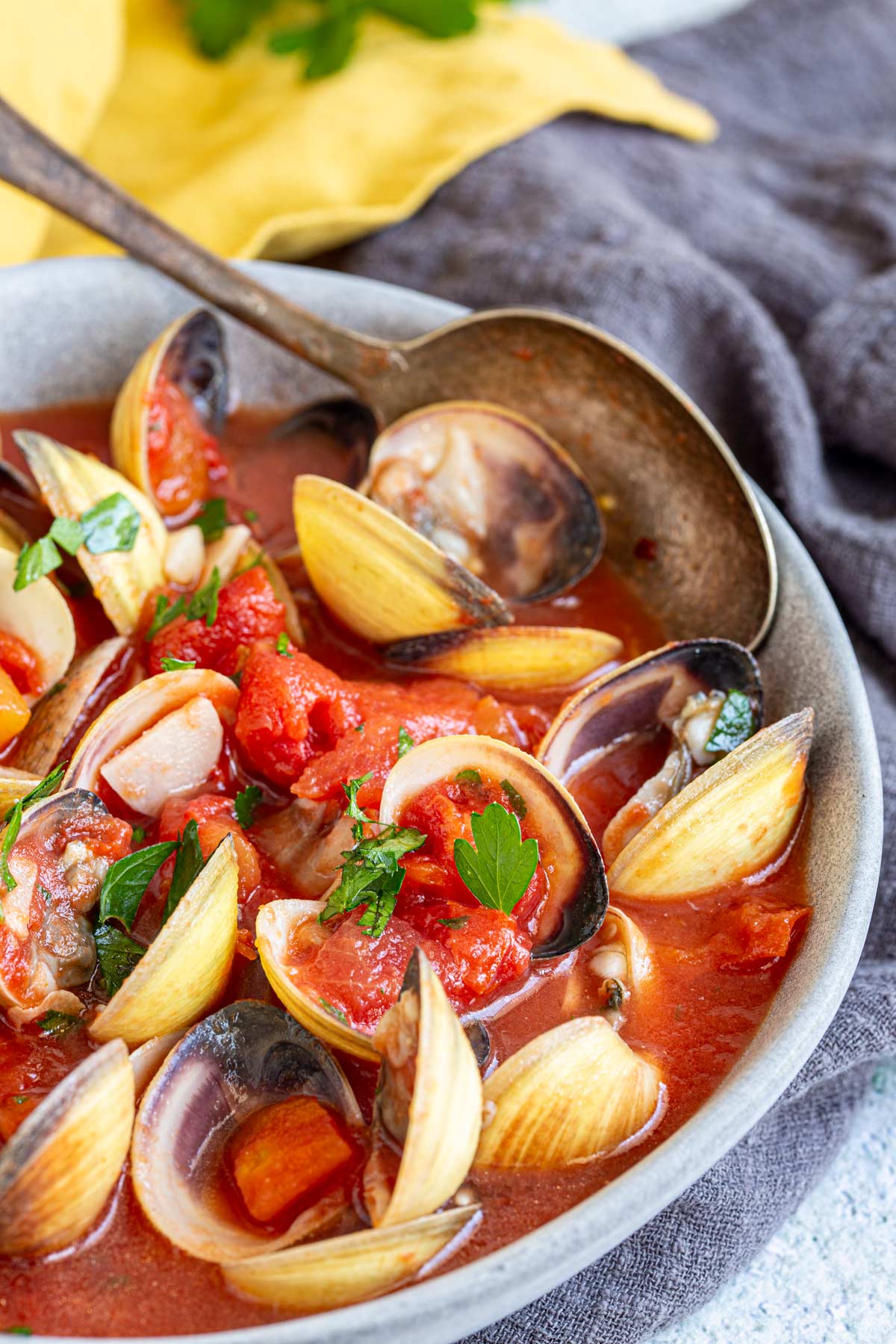 a spoon in a bowl of clams in a tomato broth with a yellow napkin