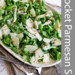 pin image: A rocket salad on a rustic plate with text overlaid