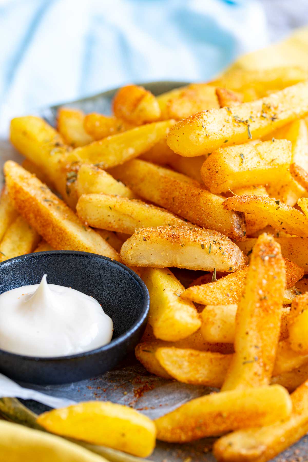 close up on the cajun seasoning on a pile of fries