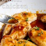 pin image: Honey Butter Chicken Breasts in a pan with text overlaid