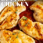 pin image: Honey Butter Chicken Breasts in a pan with text overlaid