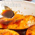 Pin Image: Honey Sriracha Chicken in a skillet with text overlaid