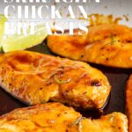 Pin Image: Honey Sriracha Chicken in a skillet with text overlaid