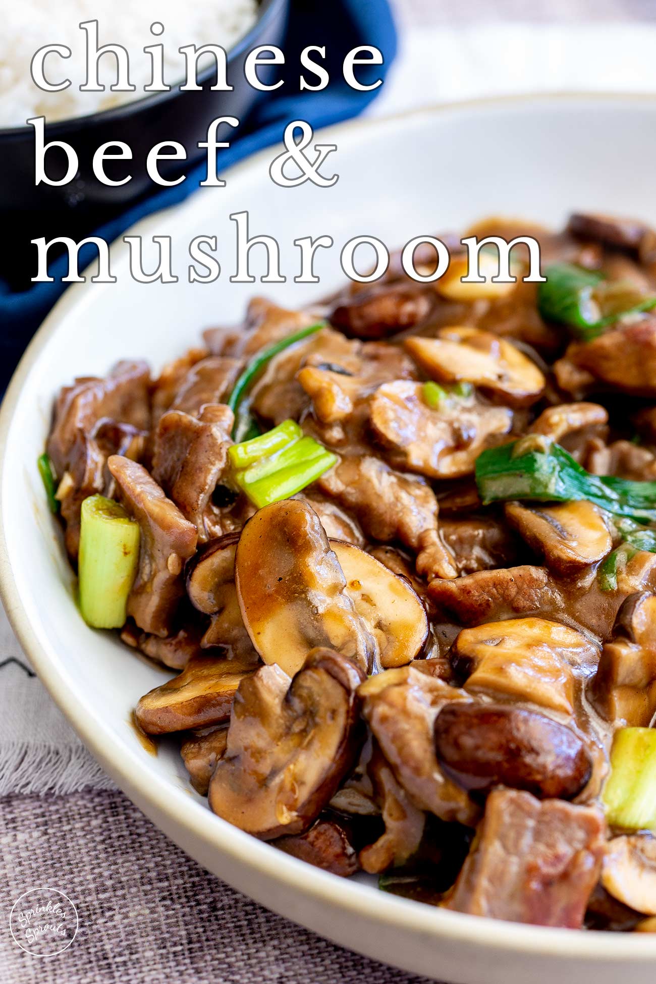 pin image: Chinese beef and mushroom in a dish with text overlaid