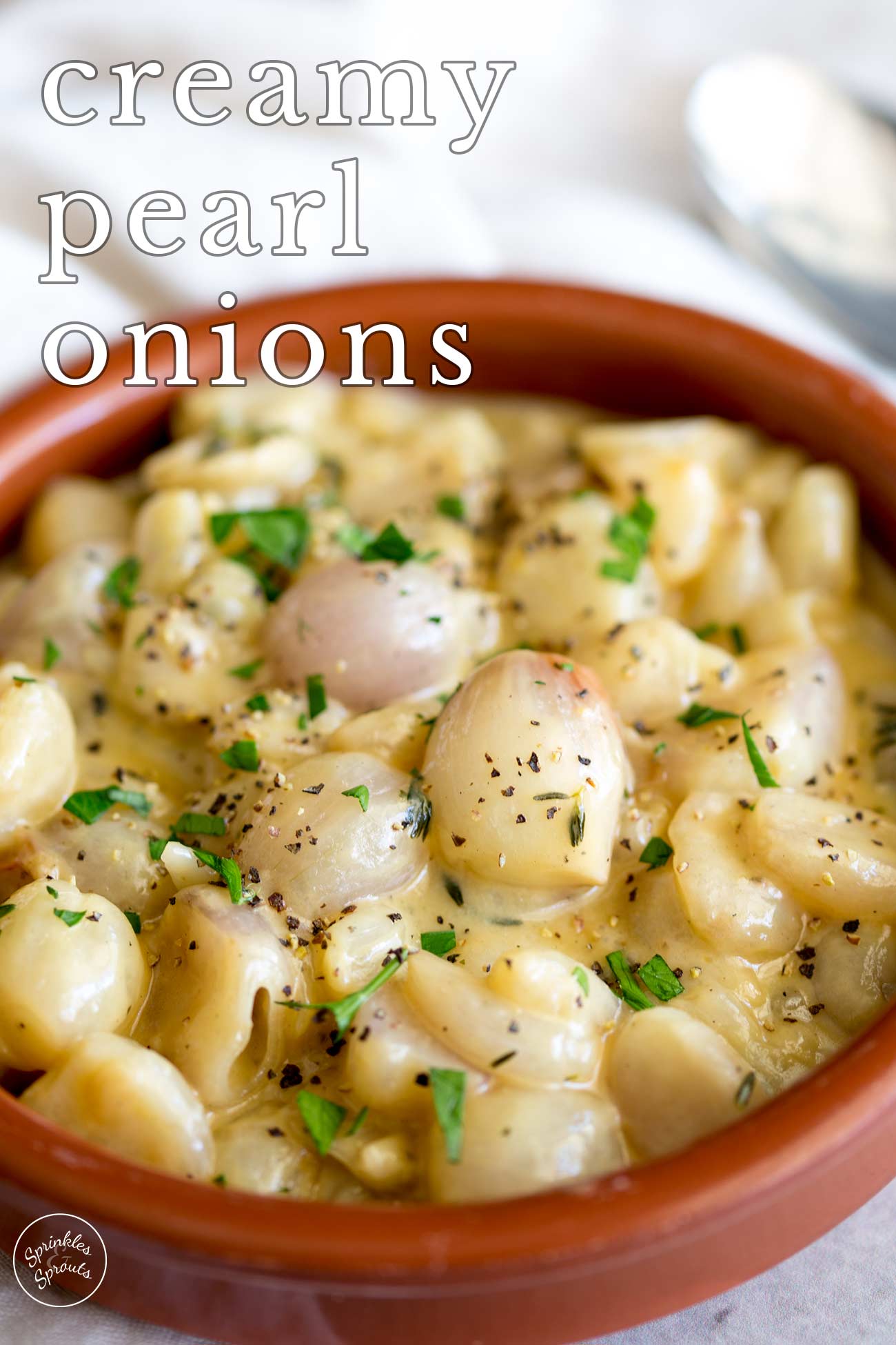 pin image: terracotta dish of baby onions in a cream sauce with text overlaid