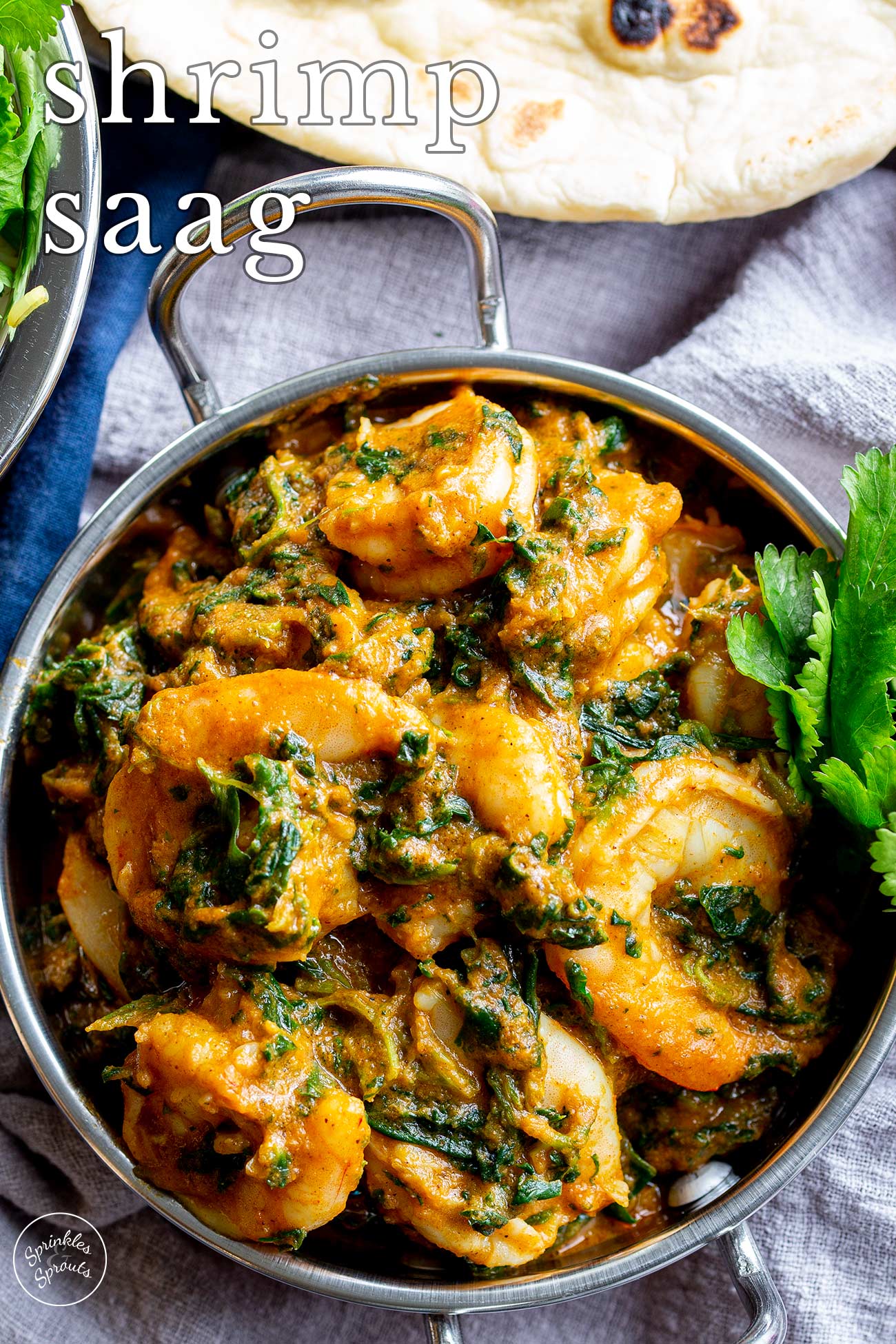 pin image: shrimp saag in a silver dish with text overlaid
