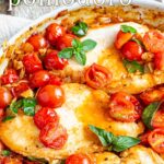 pin image: Chicken Pomodoro in a skillet with text overlaid