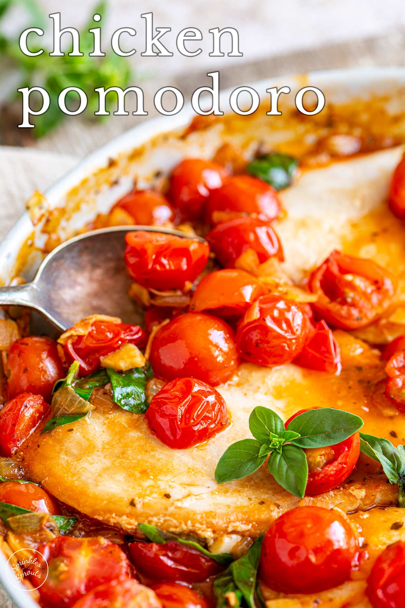 pin image: Chicken Pomodoro in a skillet with text overlaid