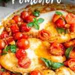 pin image: Chicken Pomodoro in a skillet with text overlaid