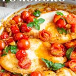 pin image: Chicken Pomodoro in a skillet with text overlaid