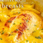 pin image: Curried chicken beasts in a skillet with text overlaid