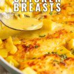 pin image: Curried chicken beasts in a skillet with text overlaid