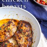 pin image: Moroccan chicken breasts in a skillet with text overlaid