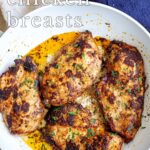 pin image: Moroccan chicken breasts in a skillet with text overlaid