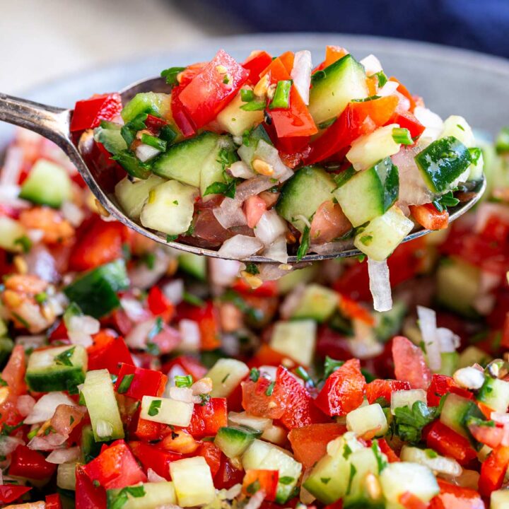 close up of a spoon of finely chopped tomato, cucumber, pepper and onion