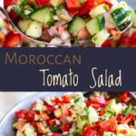 pin image: Moroccan tomato salad on a spoon with text overlaid