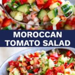 pin image: Moroccan tomato salad on a spoon with text overlaid