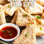 pin image: sesame chicken toasts on a pate with text overlaid