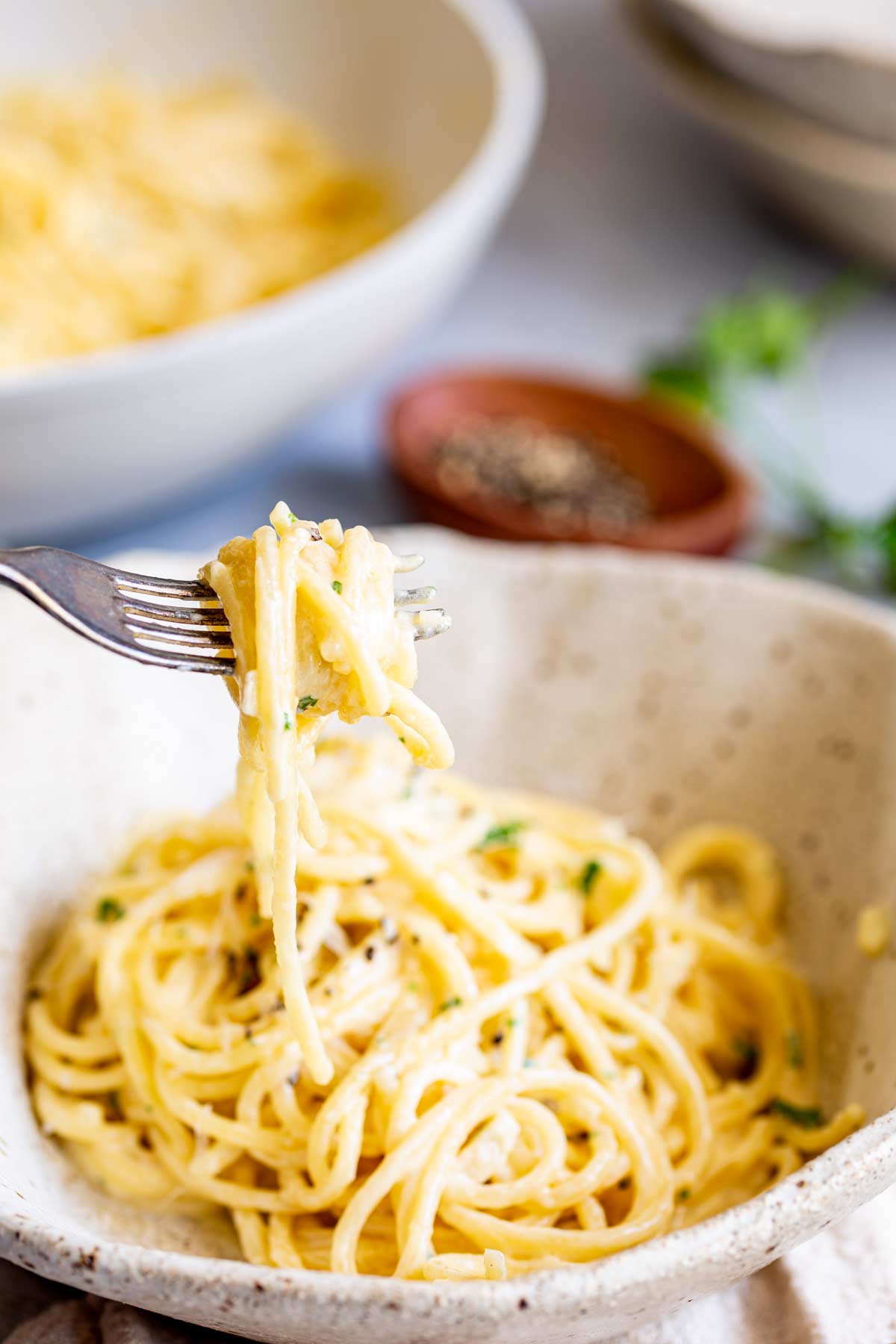 a fork lifting up spaghetti from a bowl of creamy pasta
