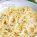 pin image: creamy pasta in a pan with text at the top