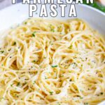pin image: creamy pasta in a pan with text at the top and bottom